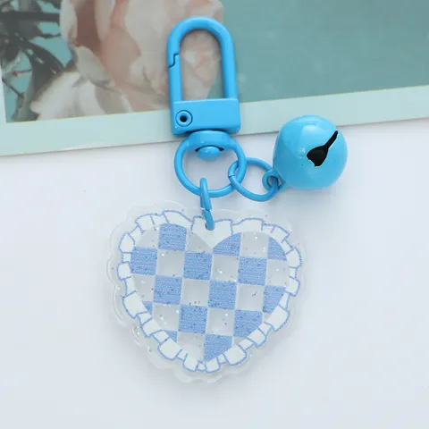 Fresh Heart Acrylic Checkerboard Keychain With Bell Cute Sweet Bag Pendant Car Keyring Headphone Case Decorative Charm
