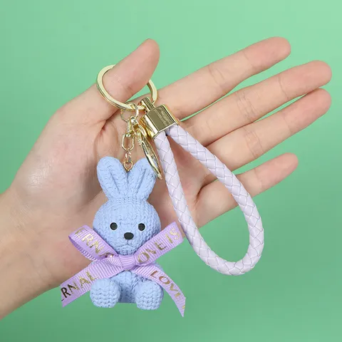 Creative Knit Texture Resin Rabbit Keychain Cute Fashion Bow Ribbon Bunny Bag Charm Keychain For Women Girls Gift Hanging Ornament