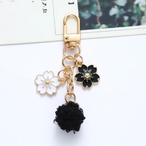 Japanese Style Cherry Blossom Pom Pom Keychain For Women Cute Flower Enamel Bag Charm Phone Case Pendant Zinc Alloy Accessory