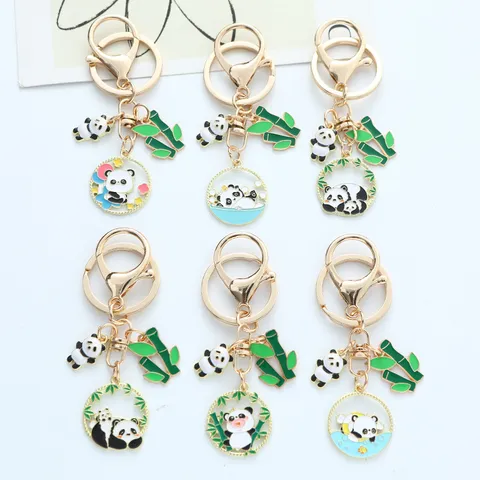 Cute Chinese Style Panda Keychain Enamel Bamboo Alloy Panda Huahua Bag Pendant For Backpack Lovers Gift