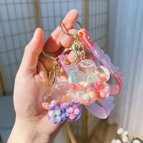 Cute Plum Blossom Liquid Quicksand Keychain Clear Acrylic Floating Key Ring Schoolbag Charm Pendant For Girls Kids Gift