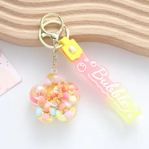 Cute Plum Blossom Liquid Quicksand Keychain Clear Acrylic Floating Key Ring Schoolbag Charm Pendant For Girls Kids Gift
