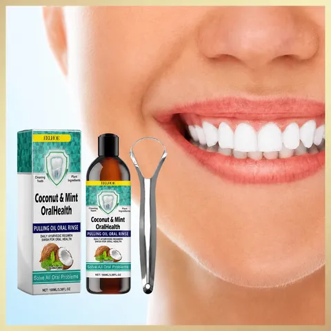 Natural Coconut Oil Pulling Mouthwash Mint Flavor Oral Care Teeth Stain Removal Fresh Breath With Tongue Scraper