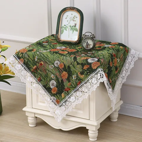 Retro French Plant Floral Bedside Table Dust Cover Cotton Blend Lace Trim Decorative Microwave Oven Cover Cloth Home Textile