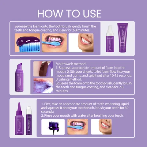Purple Toothpaste Color Corrector Teeth Whitening Foam Deep Cleaning Tartar Removal Oral Care Fresh Breath