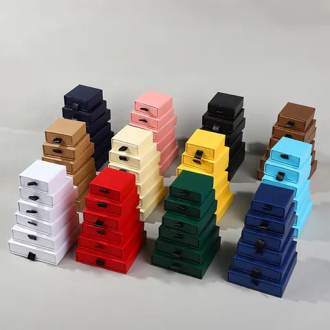 Cardboard Jewelry Drawer Box Laine Texture Jewelry Storage Gift Box With Ribbon Handle For Necklace Ring Bracelet Earring Packaging