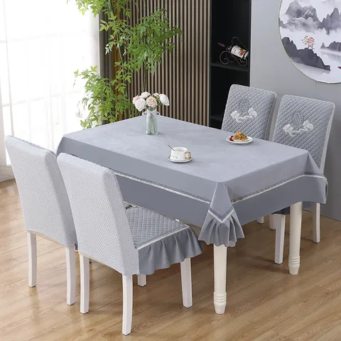 Nórdico Terciopelo Mantel Y Funda De Silla Conjunto Gris Acolchado Bordado Carácter De Fortuna Mantel Comedor Decoración Del Hogar
