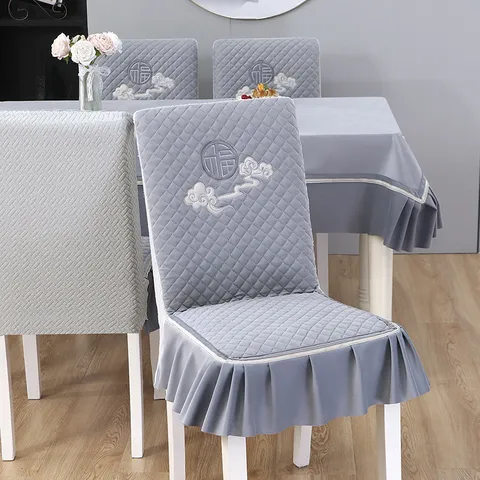 Nórdico Terciopelo Mantel Y Funda De Silla Conjunto Gris Acolchado Bordado Carácter De Fortuna Mantel Comedor Decoración Del Hogar