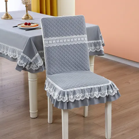 Quilted Chair Cover and Tablecloth Set New Chinese Style Geometric Pattern with Lace Trim Home Dining Room Chair Protector