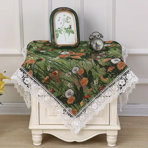 Retro French Plant Floral Bedside Table Dust Cover Cotton Blend Lace Trim Decorative Microwave Oven Cover Cloth Home Textile