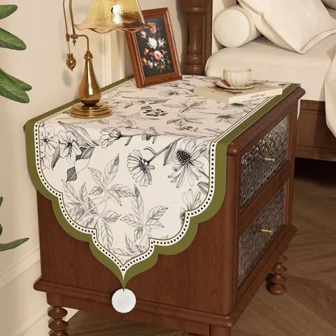 European Vintage Floral Bedside Table Dust Cover Polyester Dustproof Cloth With Pom Pom Trim For Bedroom Home Decor