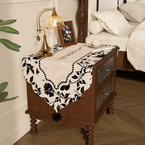 European Vintage Floral Bedside Table Dust Cover Polyester Dustproof Cloth With Pom Pom Trim For Bedroom Home Decor