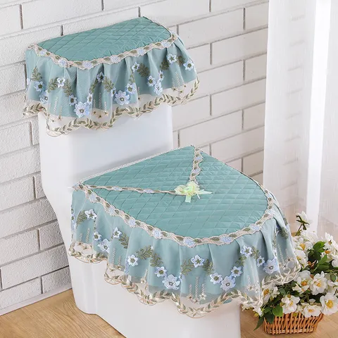 European Pastoral Style Cotton Toilet Seat Cover Set Quilted Lace Floral Embroidery 3 Piece Bathroom Decor Warm Mat