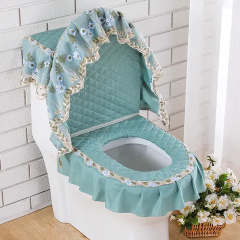 European Pastoral Style Cotton Toilet Seat Cover Set Quilted Lace Floral Embroidery 3 Piece Bathroom Decor Warm Mat