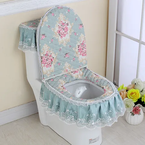 European Floral Toilet Seat Cover Three Piece Set Quilted Lace Embroidery Dustproof Bathroom Mat Set