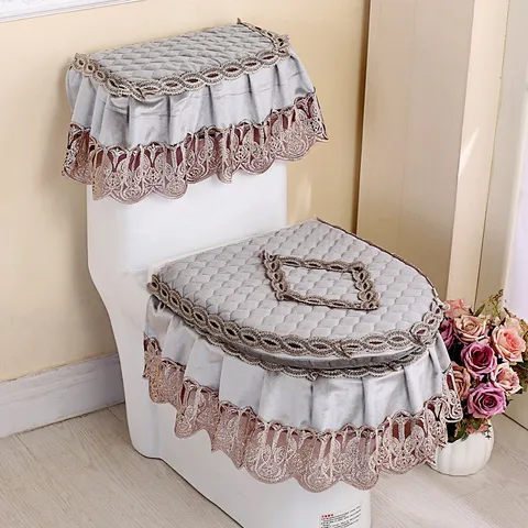 Conjunto de Fundas para Inodoro de Terciopelo Italiano Moda Moderna Acolchado Relieve Tapa de Asiento de Inodoro y Tanque Conjunto de 3 Piezas