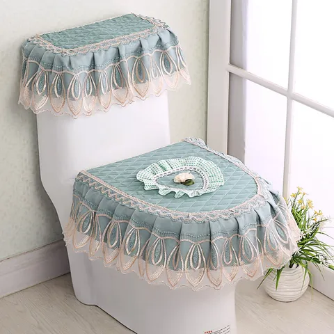 Fabric Toilet Seat Cover Three Piece Set Heart Pattern Lace Trim Soft Washable Bathroom Toilet Mat Lid Cover