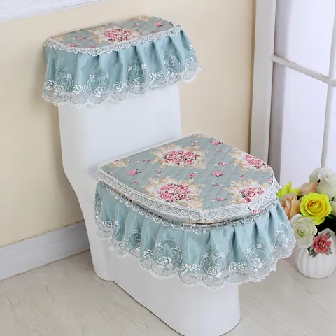 European Floral Toilet Seat Cover Three Piece Set Quilted Lace Embroidery Dustproof Bathroom Mat Set