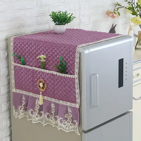 Refrigerator Dust Cover Quilted Peach Blossom Pattern Lace Trim Dustproof Refrigerator Top Protector Home Kitchen Decor