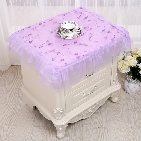 Elegant Lace Bedside Table Cover Embroidered Floral Dustproof Nightstand Cloth With Ruffle Edge Home Decor Purple Floral Pattern