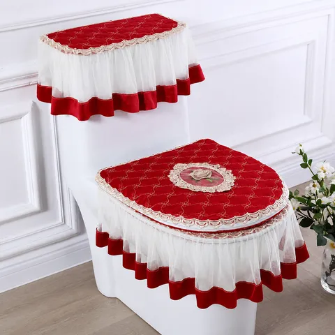 Fabric Toilet Seat Cover Three Piece Set Heart Pattern Lace Trim Soft Washable Bathroom Toilet Mat Lid Cover