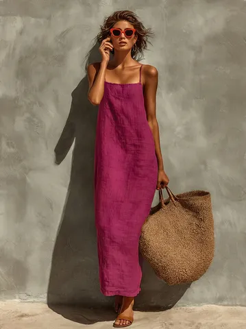 Donna Bohemien Collo Quadrato Bretella Regolabile Senza Maniche Abito Midi Casual Tinta Unita Largo Vacanze Estive Abito
