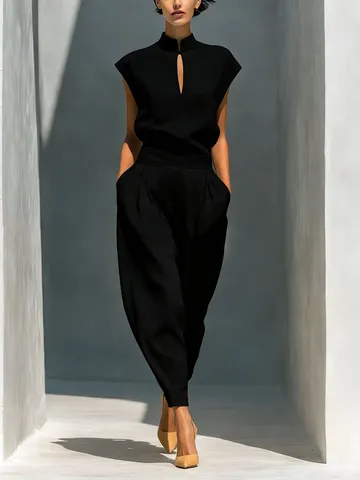 Donne Elegante Collo alla Coreana Top Traforato E Pantaloni A Botte Vita Alta Completo Casual Abito Coordinato