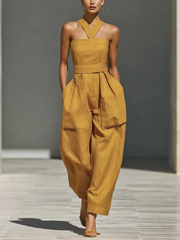 Tuta Casual in Misto Lino da Donna Scollo Halter Incrociato Gamba Larga Tinta Unita Senza Maniche Pantaloni Lunghi