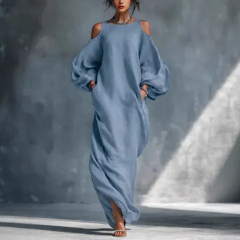 Abito Maxi A Trapezio Casual a Manica Lunga con Spalle Scoperte da Donna Tinta Unita Largo Vita Media Pullover Elegante