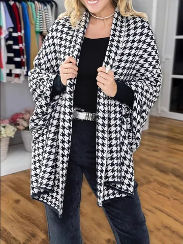Women Vintage Houndstooth Knitted Cape Shawl Open Front Casual Three-Quarter Sleeve Poncho Pullover Winter Outerwear