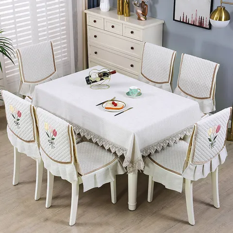 Set Tovaglia e Coprisedia Trapuntato Ricamo Tulipano Bordo in Pizzo Arredamento Sala da Pranzo