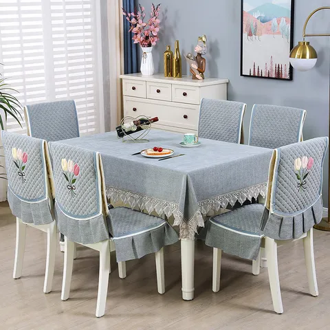 Set Tovaglia e Coprisedia Trapuntato Ricamo Tulipano Bordo in Pizzo Arredamento Sala da Pranzo