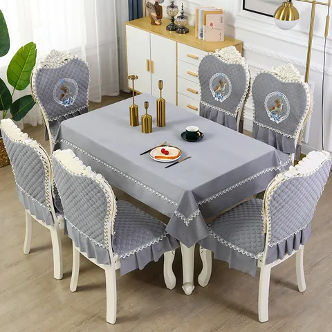 European Style Deer Embroidered Tablecloth And Chair Cover Set Nordic Quilted Velvet Dining Table Protector Home Decor