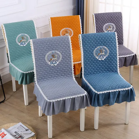 Housse de Chaise et Nappe en Velours Côtelé Style Américain Volants en Dentelle Antidérapant Coussin de Chaise de Salle à Manger Décoration