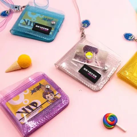 Blingbling Korean Ins Style Transparent PVC Lanyard Wallet Glitter Folding Coin Purse ID Card Holder For Women Girls