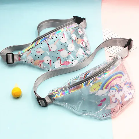 Fashion Transparent PVC Waist Bag For Women Girls Cartoon Unicorn Flamingo Pattern Waterproof Fanny Pack Laser Trim Travel Sport Chest Bag