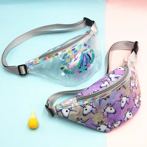 Fashion Transparent PVC Waist Bag For Women Girls Cartoon Unicorn Flamingo Pattern Waterproof Fanny Pack Laser Trim Travel Sport Chest Bag