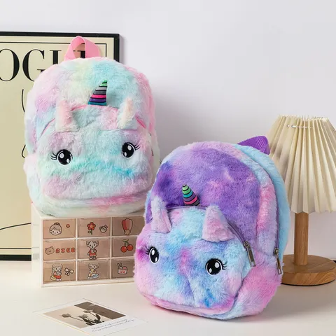 Cute Plush Unicorn Backpack For Girls Kids Rainbow Gradient Furry Schoolbag Large Eyes Embroidery Cartoon Children Bookbag
