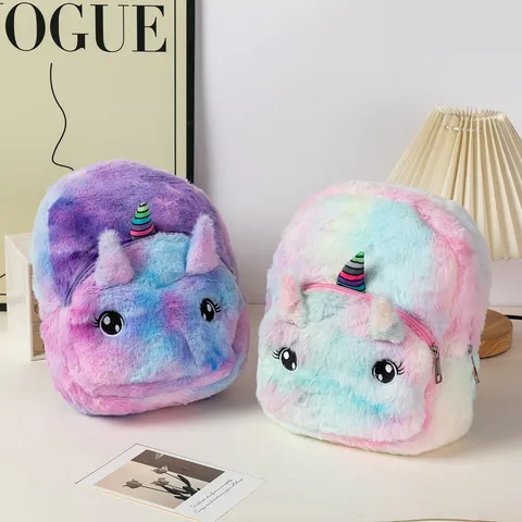 Cute Plush Unicorn Backpack For Girls Kids Rainbow Gradient Furry Schoolbag Large Eyes Embroidery Cartoon Children Bookbag