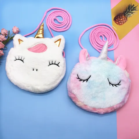 Linda Bolsa de Hombro de Peluche de Unicornio Para Niños Niñas Bolsa Bandolera de Piel Sintética de Dibujos Animados Con Bordado de Cuerno de Purpurina Regalo