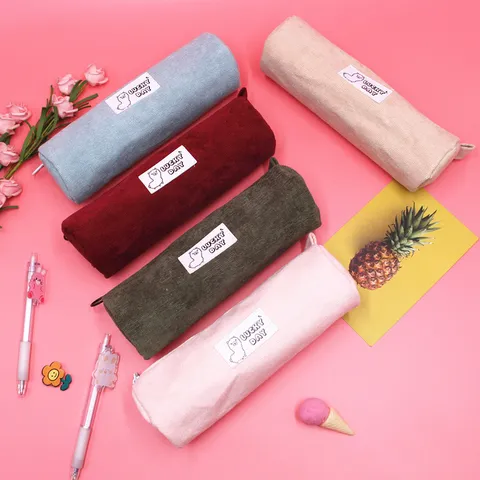 Trousse à Crayons en Velours Côtelé Style Coréen Ins Pochette de Papeterie Grande Capacité Avec Étiquette Alpaga Sac de Rangement Maquillage Minimaliste Littéraire Pour Étudiants Bureau