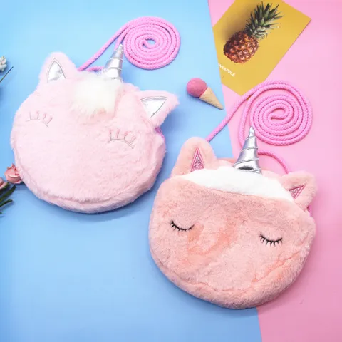 Linda Bolsa de Hombro de Peluche de Unicornio Para Niños Niñas Bolsa Bandolera de Piel Sintética de Dibujos Animados Con Bordado de Cuerno de Purpurina Regalo