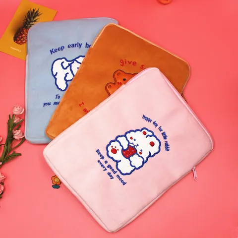 Cute Cartoon Animal Embroidery Laptop Sleeve Plush Protective Notebook Bag Soft Shockproof Tablet Case For Women Students