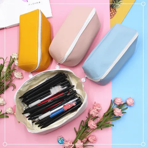 Trousse à Crayons en Cuir PU Grande Capacité Couleur Unie Forme de Pain Organisateur de Papeterie pour Étudiants École Bureau