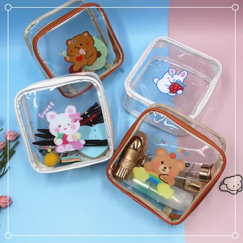 Bolsa de Maquillaje de PVC Transparente Lindo Estampado de Dibujos Animados Neceser de Aseo Impermeable Gran Capacidad Bolsa Organizadora de Viaje Portátil para Mujer Almacenamiento de Cosméticos