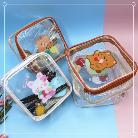 Bolsa de Maquillaje de PVC Transparente Lindo Estampado de Dibujos Animados Neceser de Aseo Impermeable Gran Capacidad Bolsa Organizadora de Viaje Portátil para Mujer Almacenamiento de Cosméticos