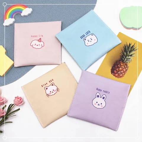 Ins Cute Cartoon PU Leather Portable Sanitary Napkin Storage Bag Multi-Function Mini Coin Purse Travel Makeup Pouch