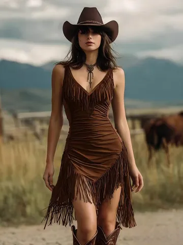 Abito Mini Bodycon con Frange e Bretelle Spaghetti Scollo a V Profondo Stile Occidentale Vintage da Donna