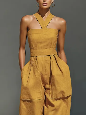 Tuta Casual in Misto Lino da Donna Scollo Halter Incrociato Gamba Larga Tinta Unita Senza Maniche Pantaloni Lunghi