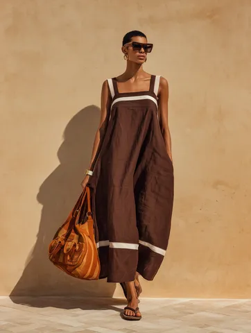 Abito Midi Casual Largo in Poliestere Scollo Barche Senza Maniche A Righe Bicolore Con Tasche Donna